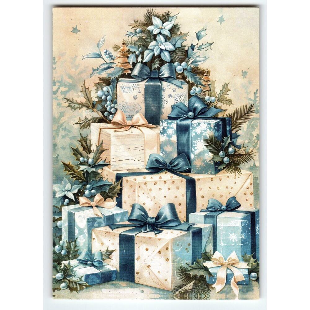 Vintage Christmas Lithograph Postcard Blue Gift Boxes & Holly 5.5x4"